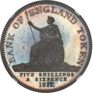 Georges III (1760-1820). Essai du dollar [5 shillings 6 deniers], Banque d’Angleterre, Flan bruni (PROOF) 1811, Londres.