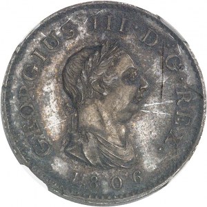 Georges III (1760-1820). Essai en argent du farthing (1/4 de penny), tranche lisse, par Küchler, Flan bruni (PROOF) 1806, Soho.