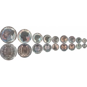 Victoria (1837-1901). Coffret (PROOF SET) de 15 monnaies, comprenant 3 monnaies en Or [5 livres (5 pounds) “Una and the lion”, 1 souverain et 1/2 souverain] ; 9 monnaies en argent [de la couronne à 1 denier], et 3 en bronze [du Penny à 1 farthing], sur Fl