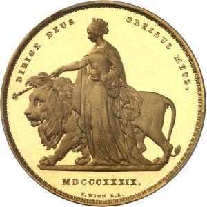 Victoria (1837-1901). 5 livres (5 pounds) “Una and the lion”, bandeaux à 6 rouleaux et 11 feuilles, Flan bruni (PROOF) 1839, Londres.
