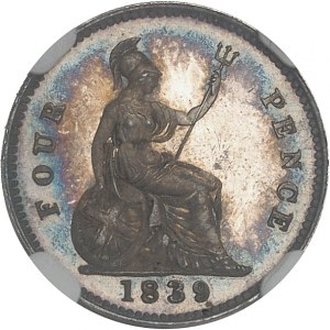 Victoria (1837-1901). Gros (groat) de 4 pence, Flan bruni (PROOF) 1839, Londres.