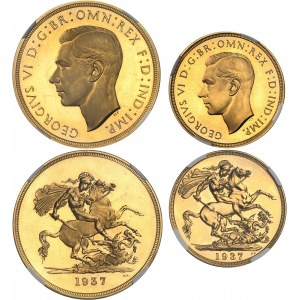 Georges VI (1936-1952). Coffret Specimen coins, avec 1/2 souverain, 1 souverain, 2 livres et 5 livres, Flans brunis (PROOF) 1937, Londres.