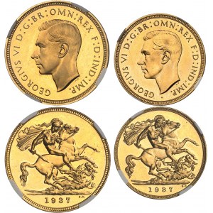 Georges VI (1936-1952). Coffret Specimen coins, avec 1/2 souverain, 1 souverain, 2 livres et 5 livres, Flans brunis (PROOF) 1937, Londres.