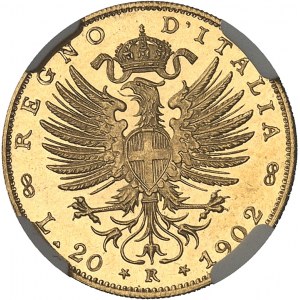 Victor-Emmanuel III (1900-1946). 20 lire à l’aigle aux armes de Savoie, à l’ancre (or d’Érythrée), aspect Flan bruni (PROOFLIKE) 1902 (ancre), R, Rome.