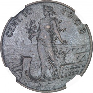 Victor-Emmanuel III (1900-1946). Épreuve (sans PROVA ni atelier) de 10 centimes à la proue 1908, Rome.