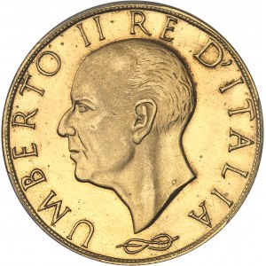 Umberto II ( 9 mai au 13 juin 1946). Frappe de fantaisie en Or, au module de 100 lire, Frappe spéciale (SP) ND (1946).