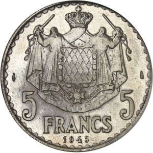 Louis II (1922-1949). Essai de 5 francs en argent 1945, Paris.
