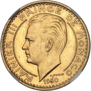 Rainier III (1949-2005). Essai de 100 francs en Or 1950, Paris.