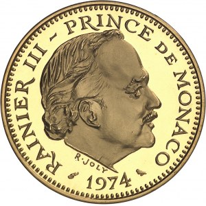 Rainier III (1949-2005). Piéfort de 5 francs en Or, Flan bruni (PROOF) 1974, Paris.