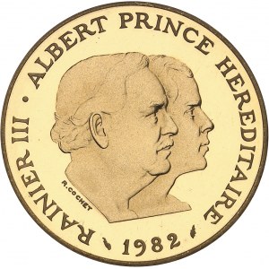Rainier III (1949-2005). Piéfort en Or de 100 francs, Rainier III et Albert, Flan bruni (PROOF) 1982, Paris.
