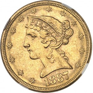 République fédérale des États-Unis d’Amérique (1776-à nos jours). 5 dollars Liberty, avec devise 1887, S, San Francisco.