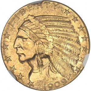 République fédérale des États-Unis d’Amérique (1776-à nos jours). 5 dollars Indien 1909, D, Denver.