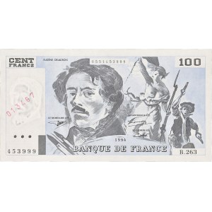 100 francs type 1978 “Delacroix” fauté en bleu 1994.
