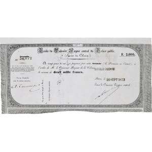 Lot (2) - Traite 2000-10000 francs Trésor Public - Service des Colonies 26 septembre 1873.