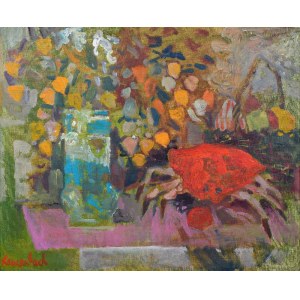 Jan SZANCENBACH (1928-1998), Suche kwiaty w turkusowym wazonie, 1998