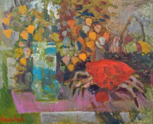 Jan SZANCENBACH (1928-1998), Suche kwiaty w turkusowym wazonie, 1998
