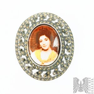 Dawna Broszka z Markazytami i Ceramicznym wizerunkiem kobiety, Srebro 925