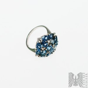 Udekorowany Naturalnymi Topazami London Blue 6.50 Ct i Białymi Szafirami 0.20 Ct Pierścionek, Srebro 925