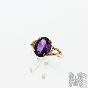 Pierścionek z Naturalnym Ametystem 4.35 Ct oraz Brylantami 0.06 Ct, Złoto 375/9K