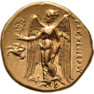 Makedonie, Alexandr III. Veliký, 336 - 323 př.Kr., Statér, Hlava Atény v korintské přilbě zprava /