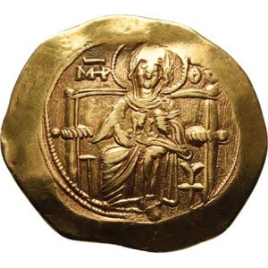 Byzanc, Isaac II. Angelus, 1185 - 1195, AV Trachy, Trůnící Madona, nápis / archanděl Michael