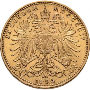 František Josef I., 1848 - 1916, 20 Koruna 1904, 6.770g, nep.hr., nep.rysky, dr.škr.,