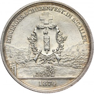 Switzerland, 5 Francs 1874, St. Gallen, Shooting Festival