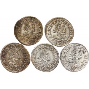 Austria, Ferdinand II, lot of 5 x 3 Kreuzer 1625-1635