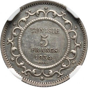 Tunisia, Ahmed Bey, 5 Francs AH1353 (1934), essai silver