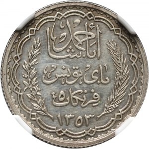 Tunisia, Ahmed Bey, 5 Francs AH1353 (1934), essai silver