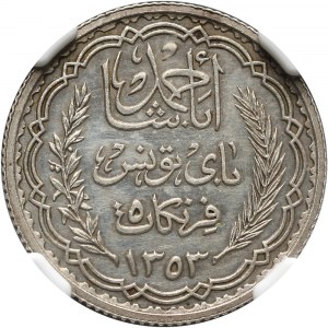 Tunezja, Ahmed Bey, 5 franków AH1353 (1934), próba w srebrze