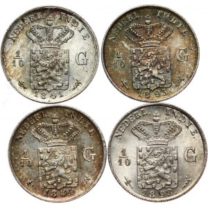 Netherlands East Indies, Wilhelmina, set of 4 x 1/10 Gulden 1884/1891/1893/1898