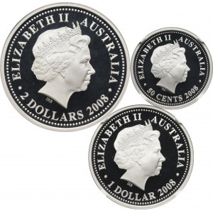 Australia, zestaw 3 srebrnych monet z 2008 roku, Rok Wołu, stempel lustrzany