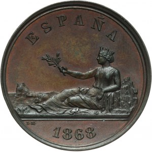 Hiszpania, próbne 5 peset w brązie 1868, Madryt