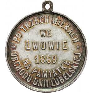 XIX wiek, srebrny medal z uszkiem z 1869 roku, 300-lecie Unii Lubelskiej, Lwów