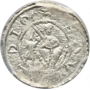 Władysław II Wygnaniec 1138-1146, denar, walka rycerza z lwem