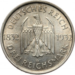 Niemcy, Republika Weimarska, 3 marki 1932 D, Monachium, Goethe
