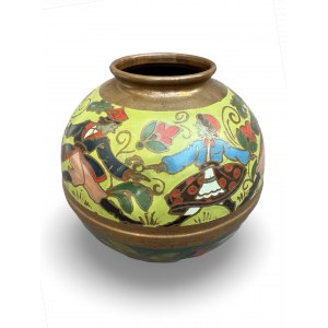 Copper vase with enamel Krakowiak dance scene, Poland, 2nd third of 20th century.