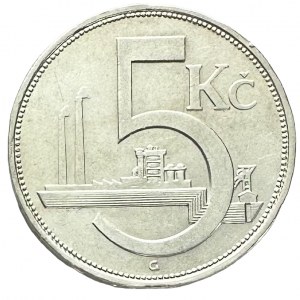 ČSR 5 Koruna 1928 Industrial factory,value , variant “A“ short wave on edge