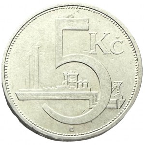 ČSR 5 Koruna 1929 Industrial factory,value , variant “A“ short wave on edge