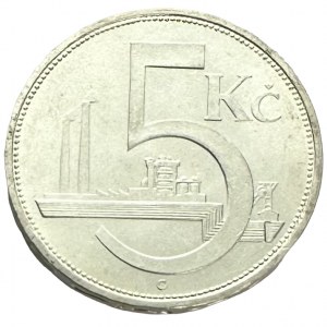 ČSR 5 Koruna 1929 Industrial factory,value , variant “B“ long wave on edge
