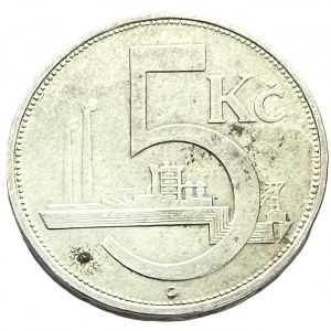 ČSR 5 Koruna 1930 Industrial factory,value , variant “A“ short wave on edge
