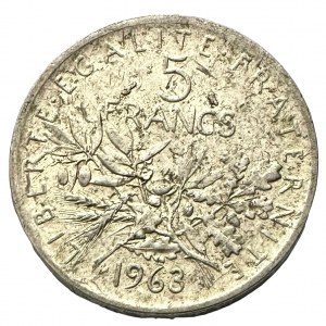 France Fifth republic 5 Francs 1963, Seeder, olive,acorns,wheat