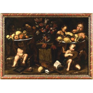 Italian Master of 17th Century, Still Life with Putti and Fruit