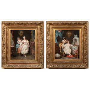 French Artist, 19th Century, Pair of Oil Paintings, ¨Ladies Dressing¨ and ¨Hairdressing in the boudoir¨ Oil on canvas Dimensions 47 x 38.5 cm