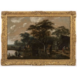 Haarlem master from the circle of Jacob van Ruisdael, Trees and Huts on the Bank of the Canal