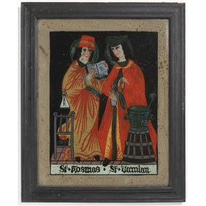 Depiction of two medical saints with pharmacy and medical equipment