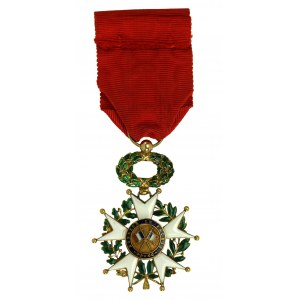 Francja, ZŁOTO, Legia Honorowa klasa IV, (1870-1947), oryginalna wstążka z rozetką (982)