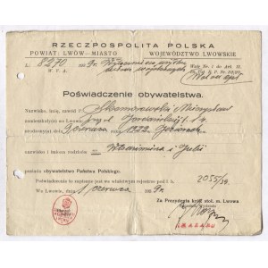 [osvědčení o státním občanství]. Dokument potvrzující, že Mieczyslaw Skomorowski ze Lvova má polské občanství, ...
