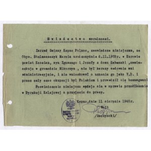 OSVĚDČENÍ O MORÁLCE vydané Marcinu Stelmaszczykovi z Kurówa (okres Kościan) za jeho postoj během okupace...